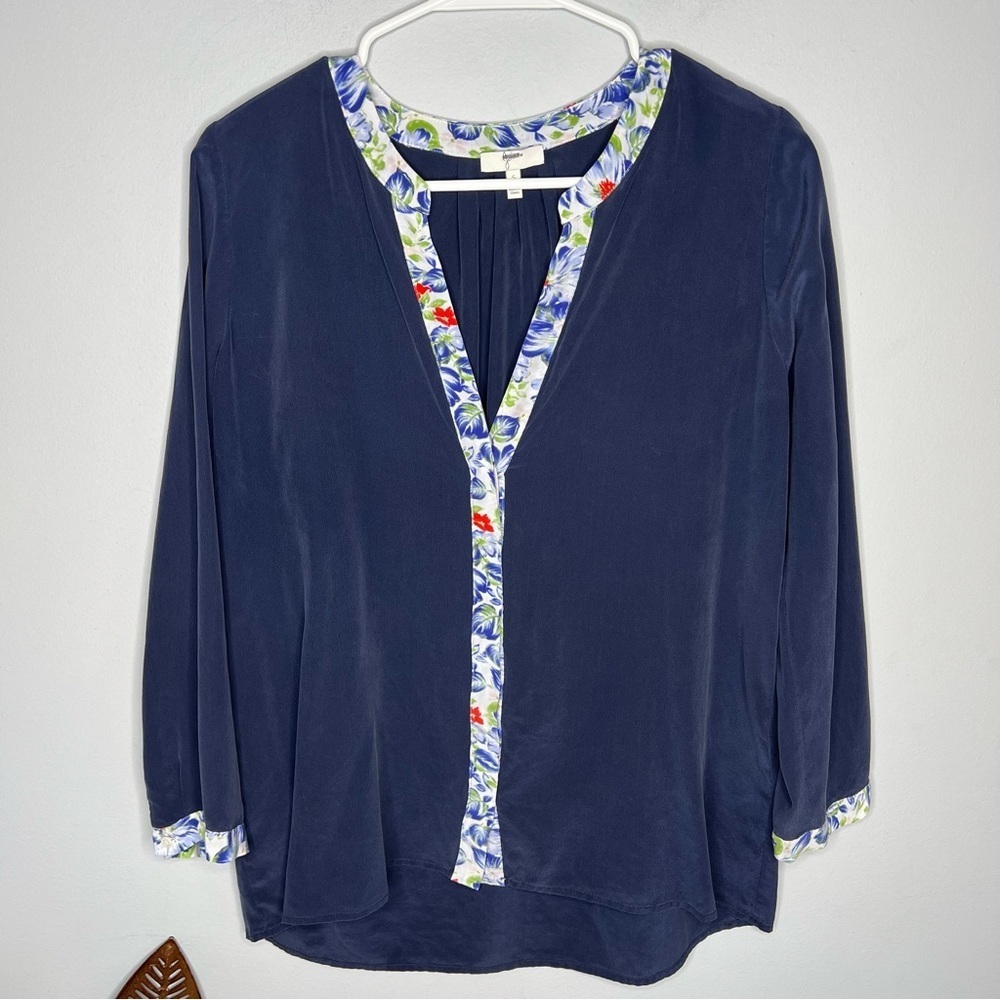 Joie Blue Floral Trim Print Silk Top